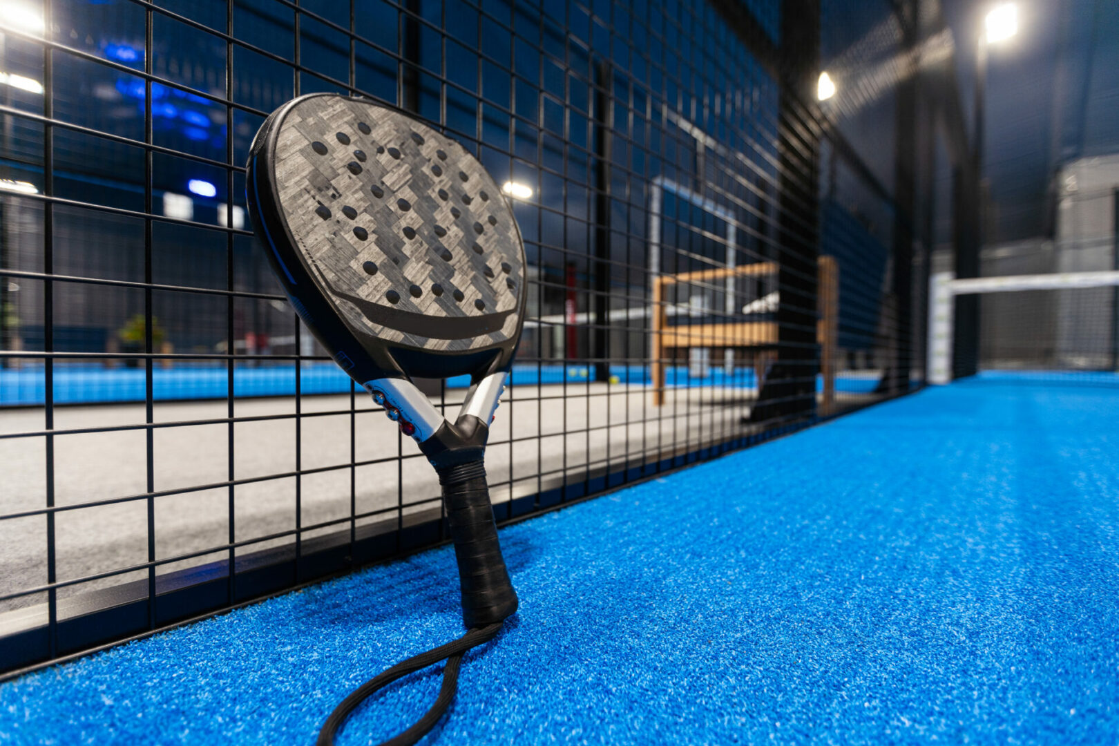 Paddle tennis objects and court.